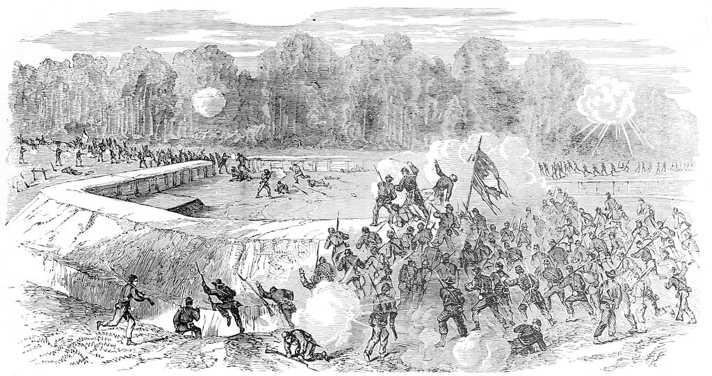 "Grant's Movement South of the James-Battle of Poplar Spring Church-Gallant Charge of a Part of the Fifth Corps on the Confederate Fort, September 30th, 1864." From Frank Leslie's Scenes and Portraits of the Civil War 