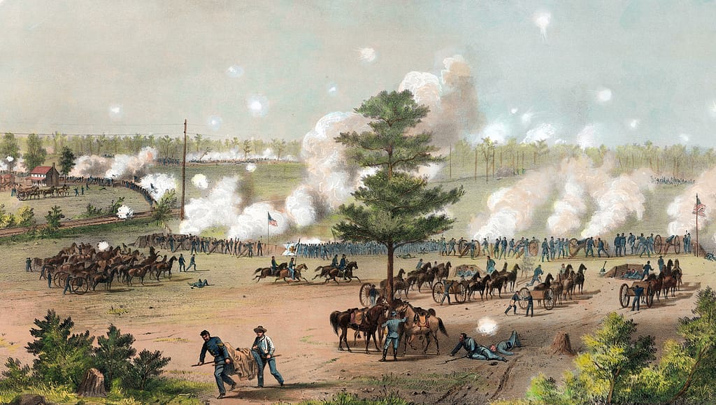 Lithograph of the Battle of Weldon Railroad, August 18-19, 1864.