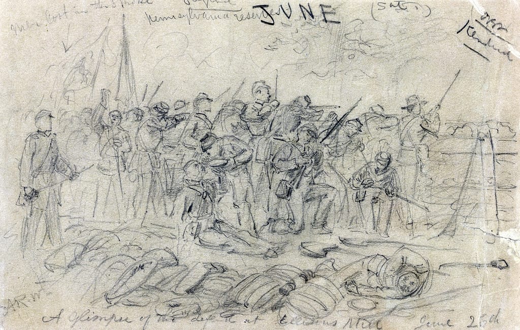 A glimpse of the defeat at Ellisons Mill June 26th, 1862 by artist Alfred Waud.  Library of Congress.
